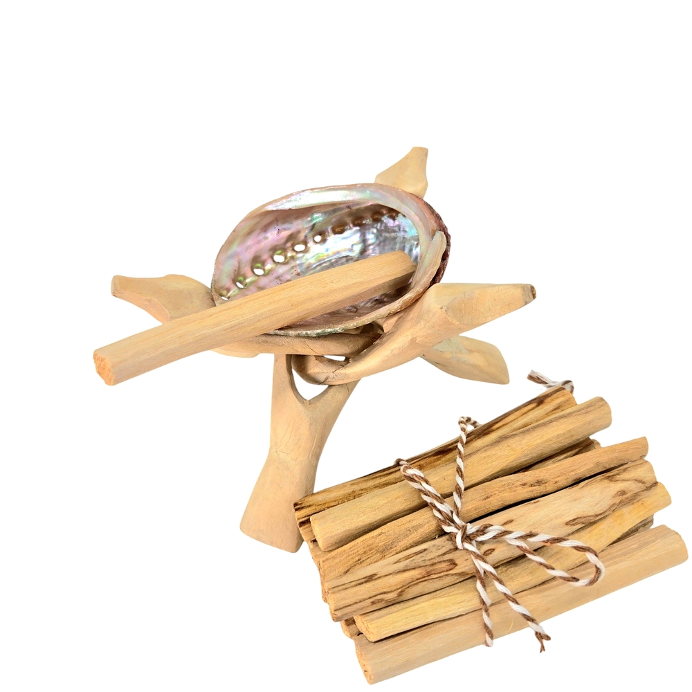 12pc Palo Santo Aromatic Premium Organic Holy Wood Abalon Shell Holder Stand Set - Picture 3 of 12